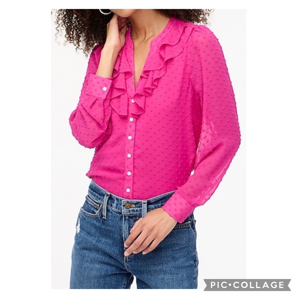 {J. Crew} Plum Dot Ruffle Button-Up Shirt